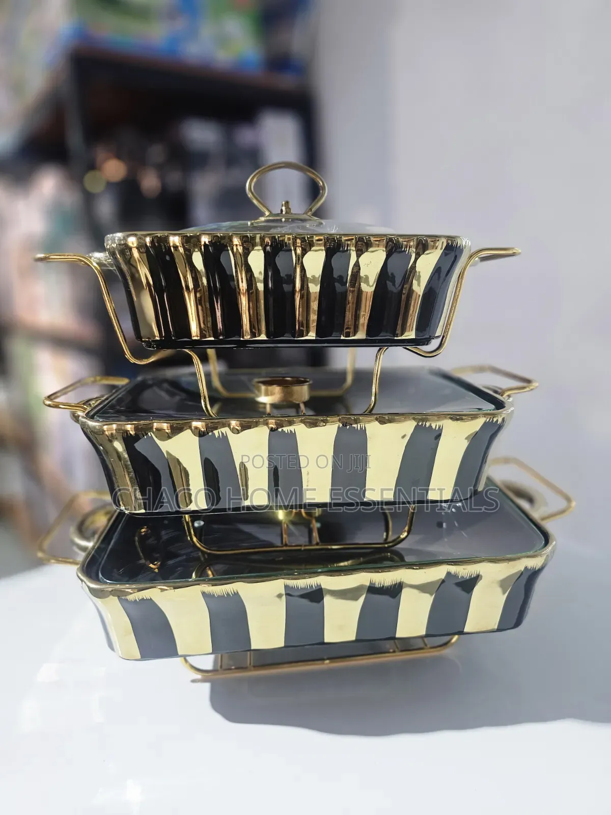Striped Black Gold Ceramic Serving Dish Set