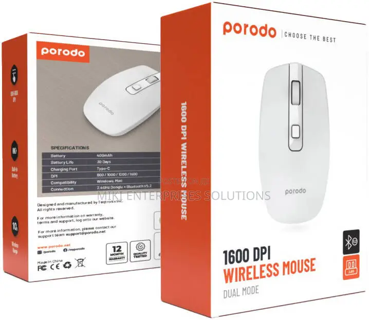 Porodo 2.4G Wireless and Bluetooth Rechargeable Mouse DPI 1600 - White