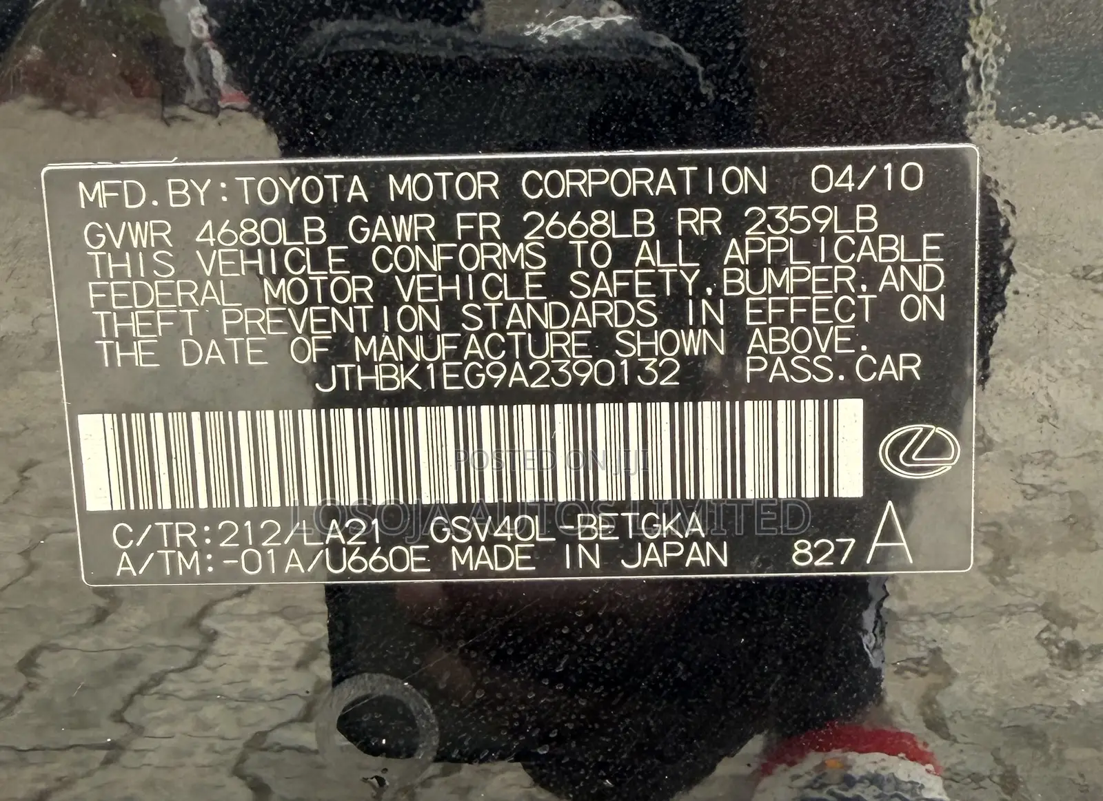 Lexus ES 350 2010 Black