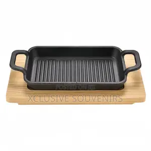 Non-Stick Multifunctional Cast Iron Rectangular Plate With Wooden Base