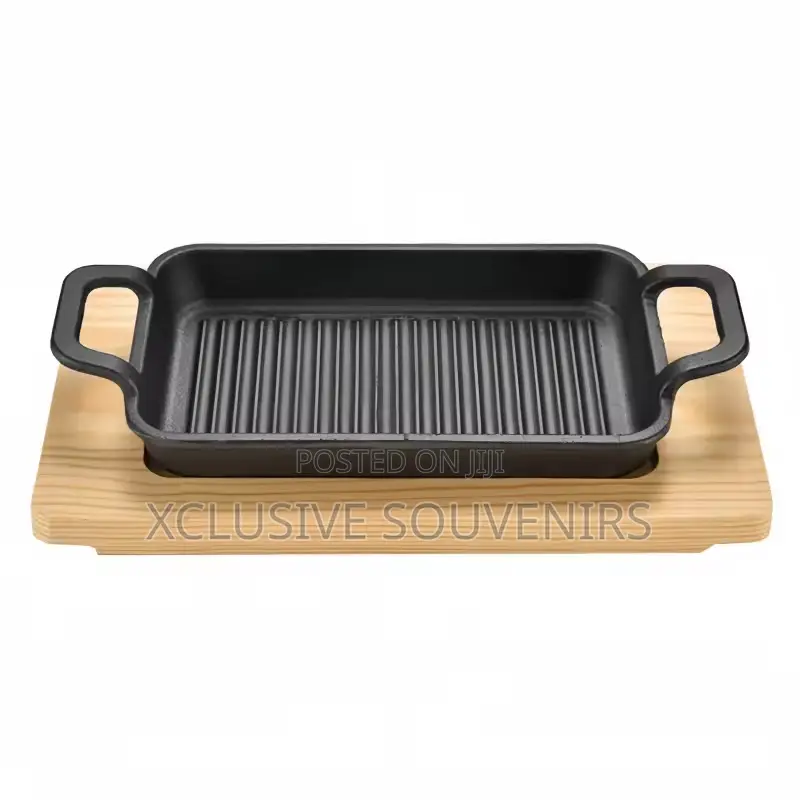 Non-Stick Multifunctional Cast Iron Rectangular Plate With Wooden Base