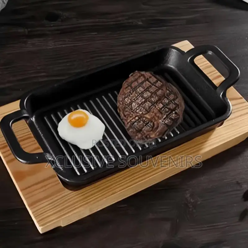 Non-Stick Multifunctional Cast Iron Rectangular Plate With Wooden Base