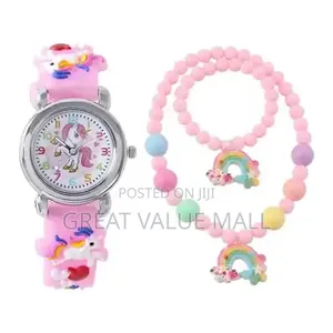 3-in-1 Kids Watch With Rainbow Necklace and Bracelet - Pink