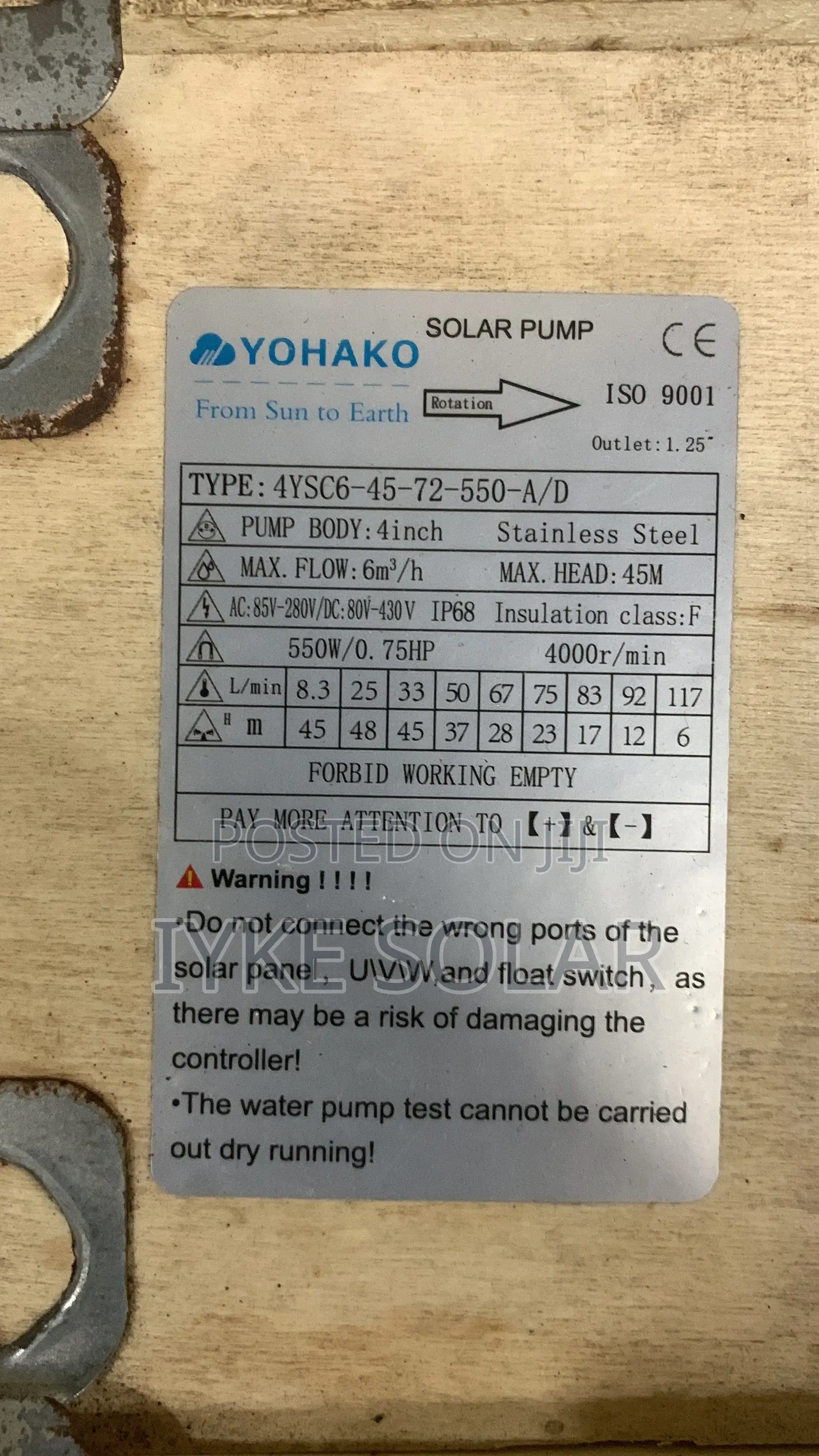 550w/0.75hp Yohako Solar Pump Machine