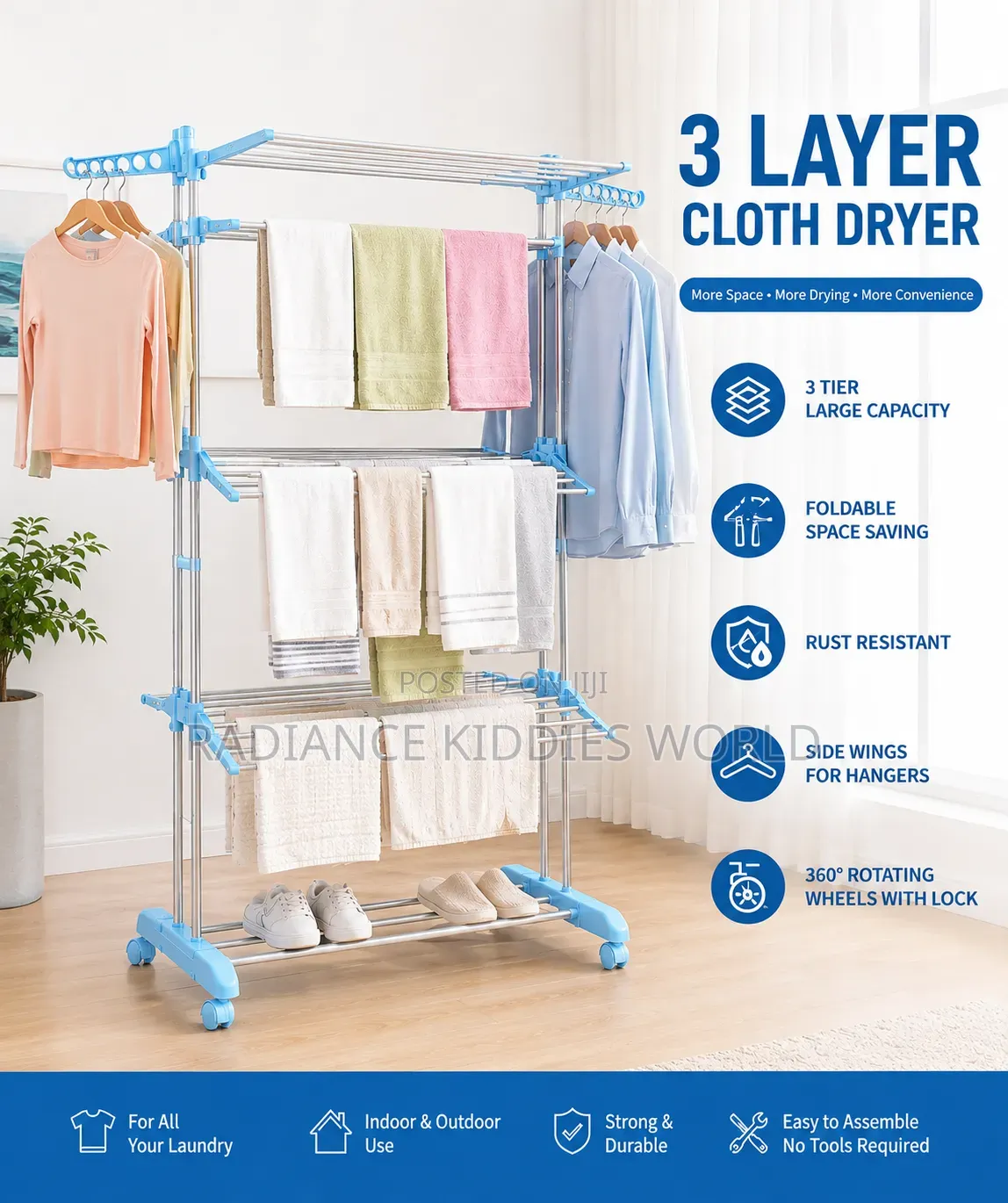 3-Layer Foldable Cloth Dryer Rack With Wheels