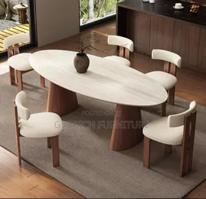 Oval Stone Dining Table Set – Wood Pedestal Legs, 6 Boucle Chairs