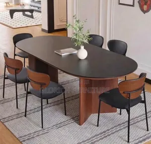Oval Dark Wood Dining Table Set – 6 Mixed Black Chairs
