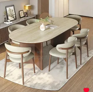 Oval Travertine Dining Table Set – Wood Base, 6 Cream Leather Chairs