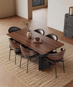 Modern Walnut Dining Table Set–Sculptural Base, 6 Wood Leather Chairs