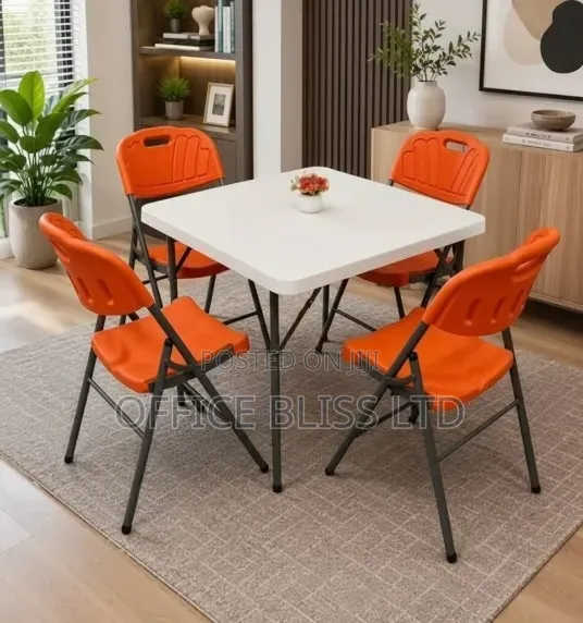 Outdoor SQUARE PP( WHITE)Table 4 Foldable Chairs (ORANGE)