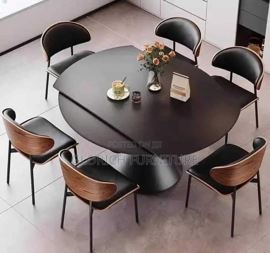Modern Extendable Round Dining Table Set – 6 Wood Leather Chairs