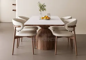 Modern White Dining Table Set – Sculptural Wood Base, 4 Cream Chairs