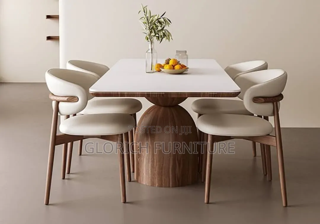 Modern White Dining Table Set – Sculptural Wood Base, 4 Cream Chairs