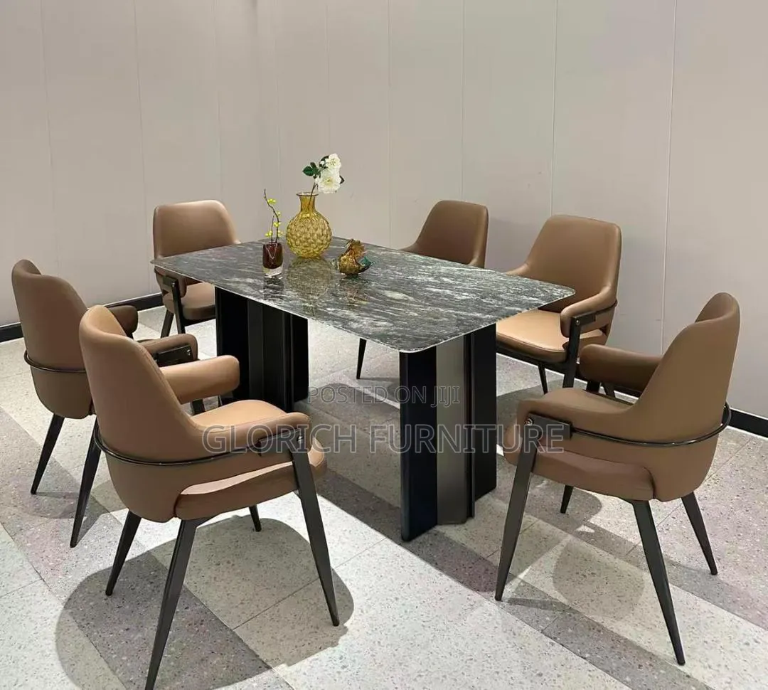 Modern Green Marble Dining Table Set – 6 Tan Leather Chairs