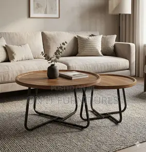 Modern Round Nesting Coffee Table Set – Brown Wood Black Metal