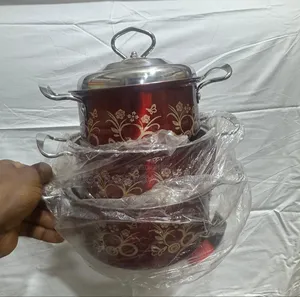 Premium 3-Piece Non-Stick Maroon Floral Cooking Pot Set