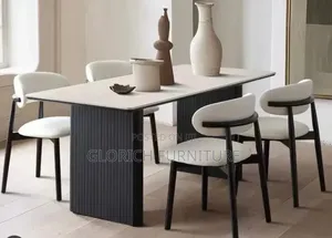 Fluted Wood Dining Table Set – 4 Cream Chairs, Black Frame