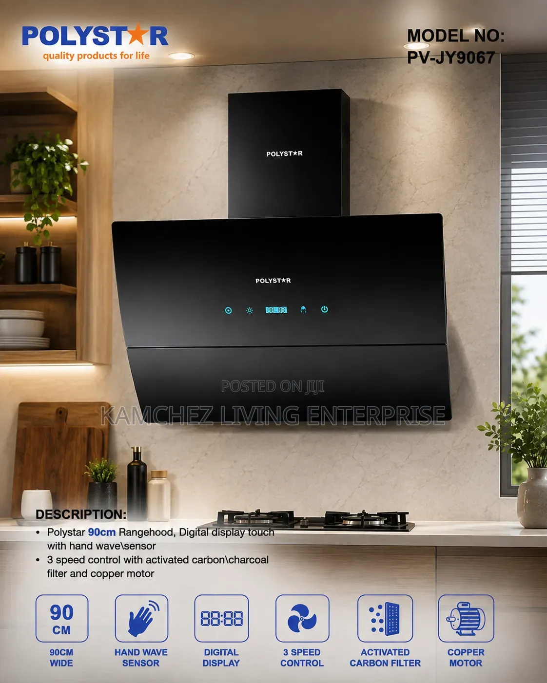 Polystar 90cm Digital Range Hood - Smart Kitchen Ventilation