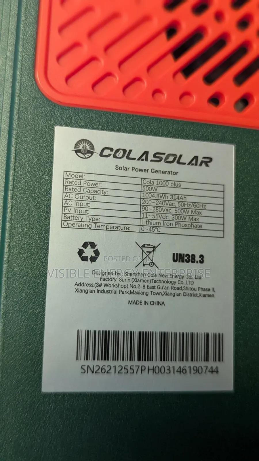 Cola 1000 Plus Solar Power Generator