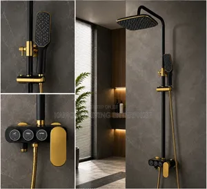 3 Button Luxury Black and Gold Rainfall Shower Mixer Set