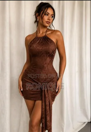 Sultry Women's Chocolate Brown Damask Print Halterneck Mini Dress