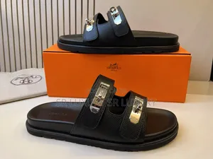 Men’s Premium Black Double-Strap Leather Slides/Sandals