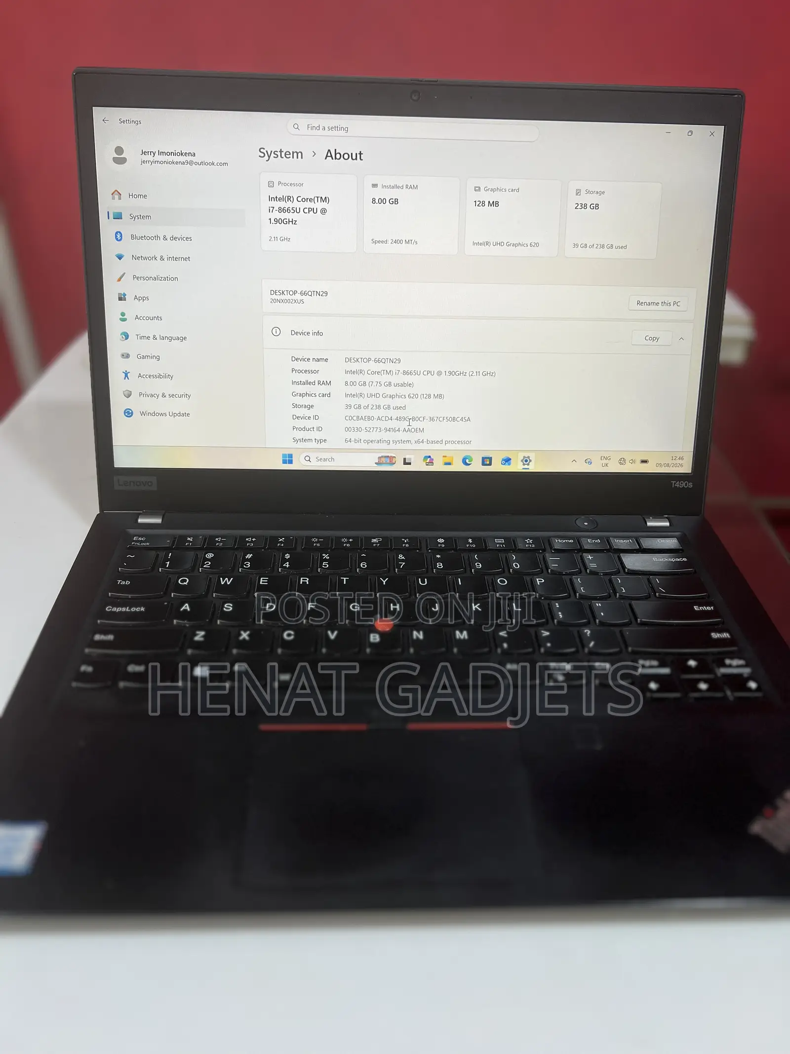 Laptop Lenovo ThinkPad T490s 8GB Intel Core i7 SSD 256GB