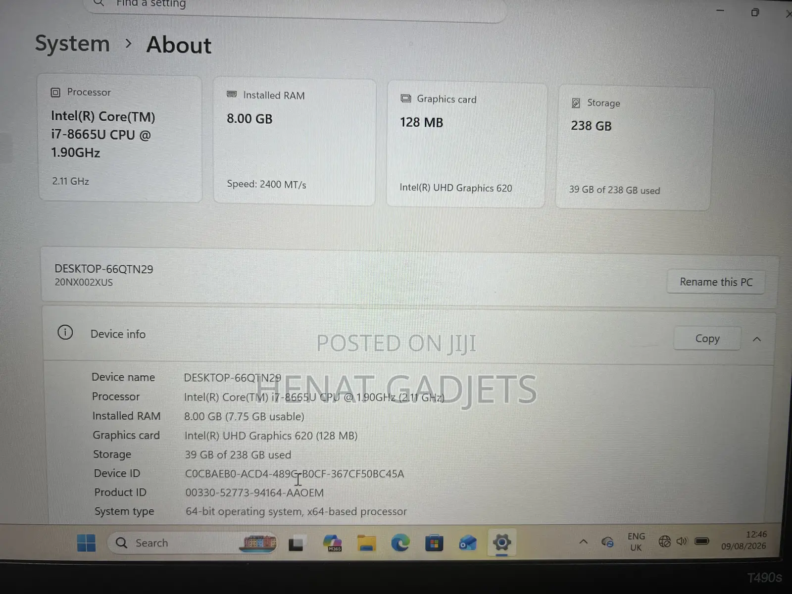 Laptop Lenovo ThinkPad T490s 8GB Intel Core i7 SSD 256GB