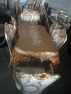 6 Seater Turkish Royal Baroque Luxury Gold Dining Table Set Glass Top