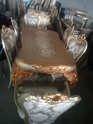 6 Seater Turkish Royal Baroque Luxury Gold Dining Table Set Glass Top