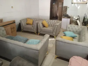 7 Seater Modern Velvet Chesterfield Sofa Set Tufted Gray Gold Legs