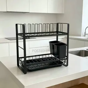 2 Tier Dish Rack With Drainer Tray – Metal Plate Rack Cutlery Holder