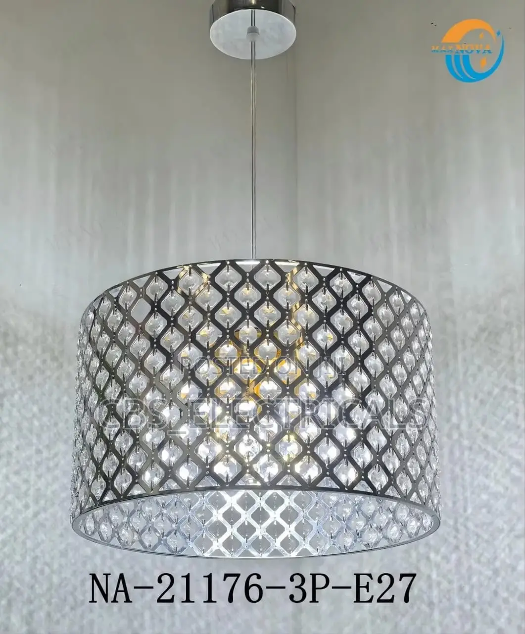 Modern Chrome Diamond Mesh Crystal Drum Pendant Light