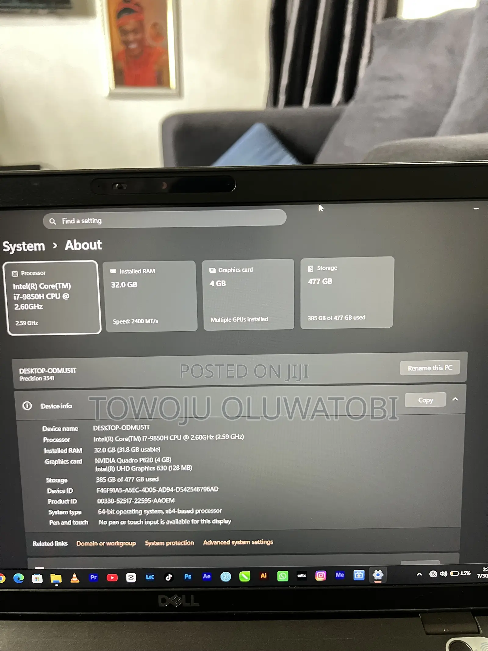 Laptop Dell Precision 3541 32GB Intel Core i7 SSD 512GB