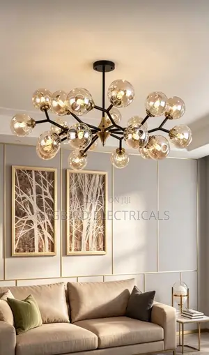 Modern 20-Arm Molecular/ Bubble Chandelier With Amber Glass Globes