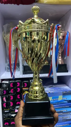 Premium Metallic Gold Trophy Cup With Lid Ribbons (Large/Medium)