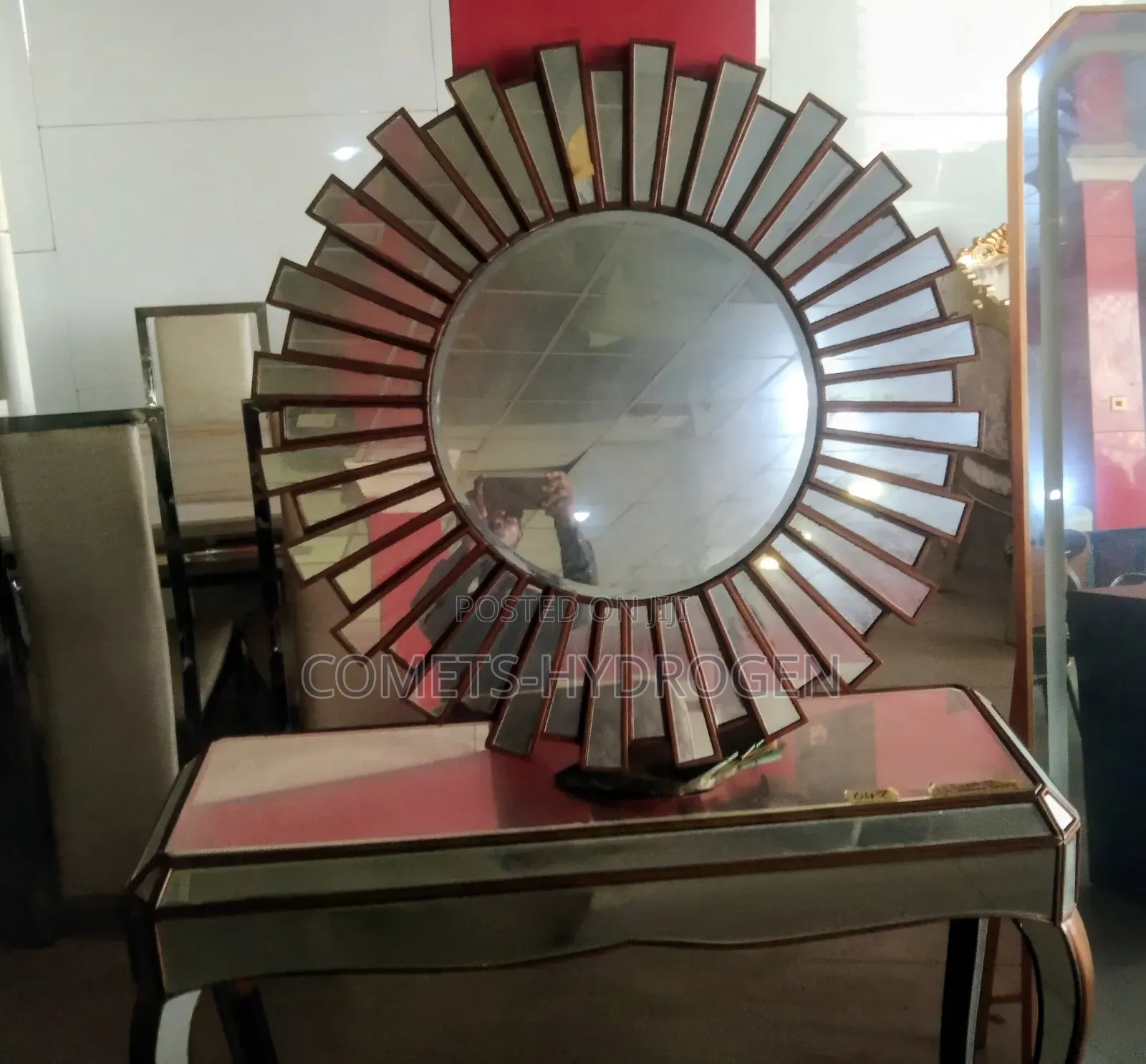 Premium Mirrored Console Table and Matching Sunburst Mirror Set