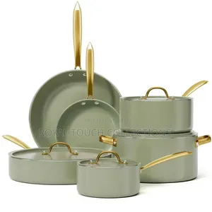 Premium Non-Stick Cookware Set – Elegant Green Gold Kitchen Pots
