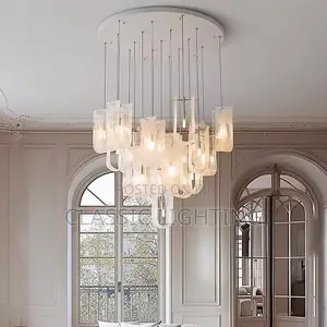 2026 Nordic Cream Style Glass Pendant Lamp Luxury Stair Chandelier