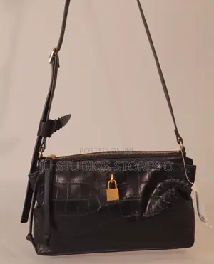 H M Black Croc- Embossed Padlock Detail Crossbody Shoulder Bag