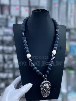 Handmade Black Stone Beaded Necklace With Tribal Face Pendant