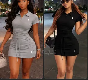 Sporty Polo Collar Short-Sleeve Drawstring Mini Dress