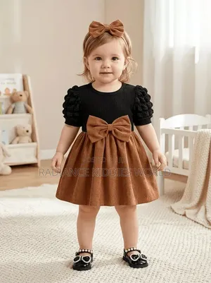 Girls' 2pcs Set With Hair Band, Black Ribbed Patchwork Corduroy Skirt