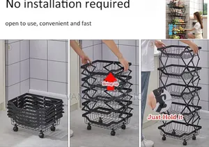 5-Tier Black Metallic Collapsible Rolling Storage Cart