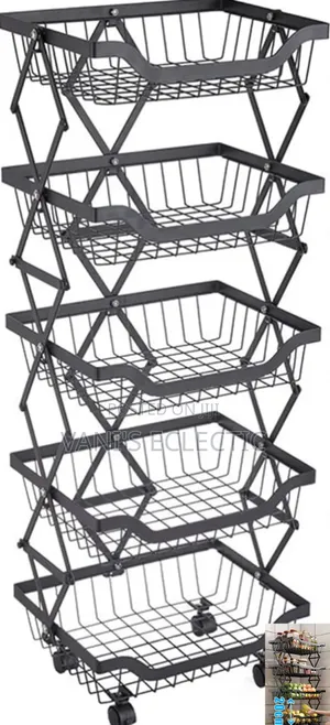 5-Tier Black Metallic Collapsible Rolling Storage Cart