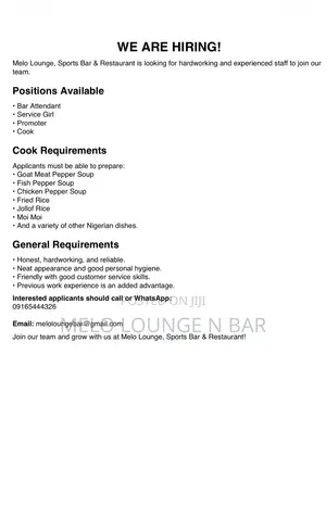 WE ARE HIRING! • Bar Attendant • Cook or Steward. Service Girl