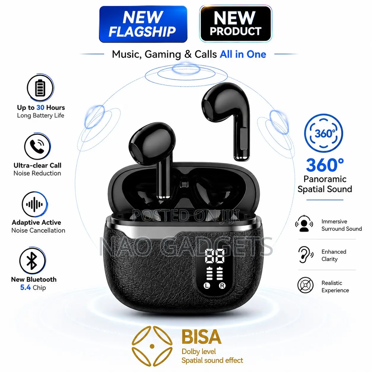 Wireless Bluetooth Spatial Sound Bass Earbuds With LED Display ENC