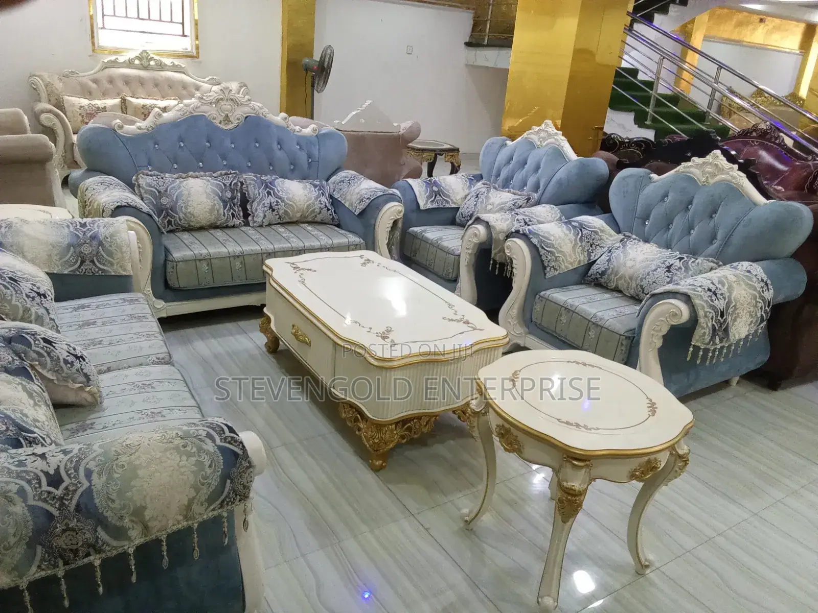 Cream Blue Royal Sofa Set With Gold-Accent Tables – Elegant Design