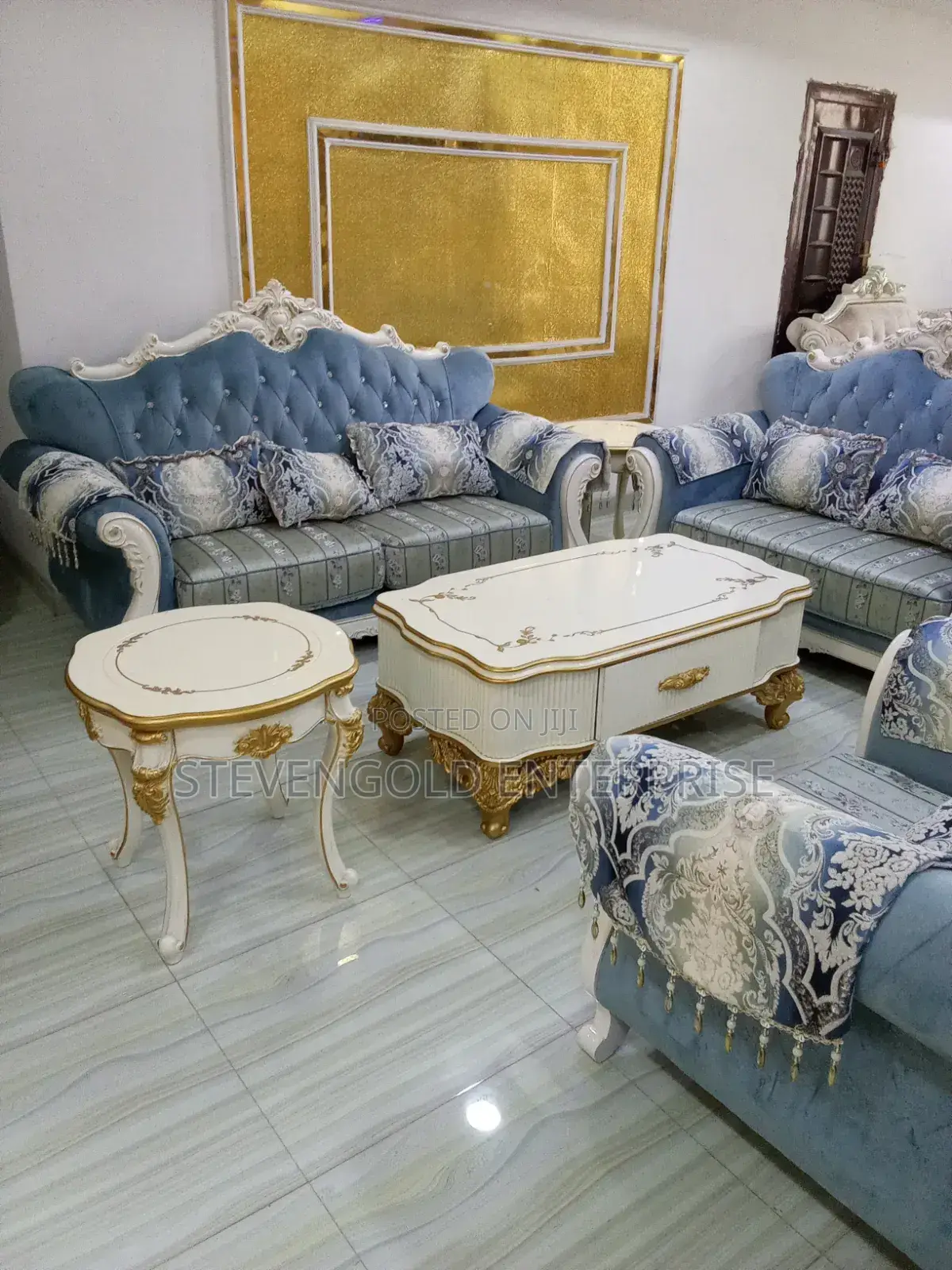 Cream Blue Royal Sofa Set With Gold-Accent Tables – Elegant Design