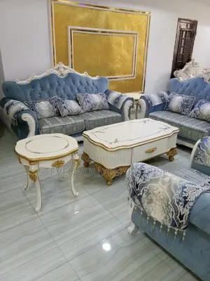 Cream Blue Royal Sofa Set With Gold-Accent Tables – Elegant Design